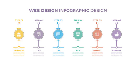 Modern design elements for Web Design concept Multicolor infographics.Timeline with 6 steps, options, Circles. Vector template