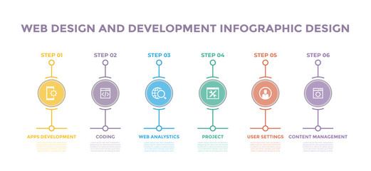 Modern design elements for Web Design And Development concept Multicolor infographics.Timeline with 6 steps, options, Circles. Vector template