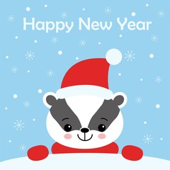 Greeting card with badger, snow and Happy New Year text, cartoon vector illustration.