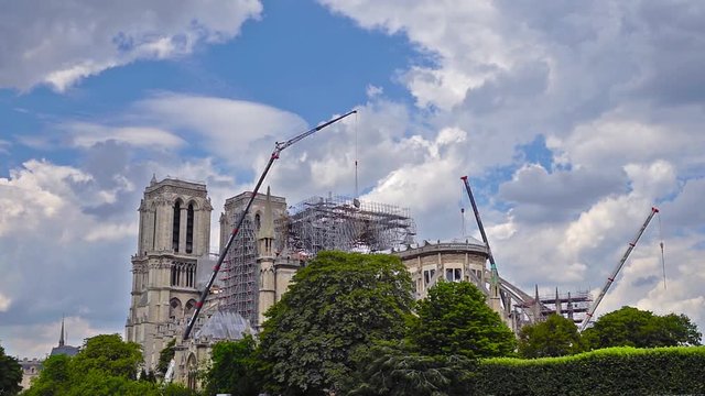 Paris, France - July 11 2019: Notre Dame de Paris reinforcement work in progress after the fire, to prevent the Cathedral from collapsing.