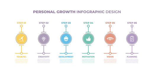 Modern design elements for Personal Growth concept Multicolor infographics.Timeline with 6 steps, options, Circles. Vector template