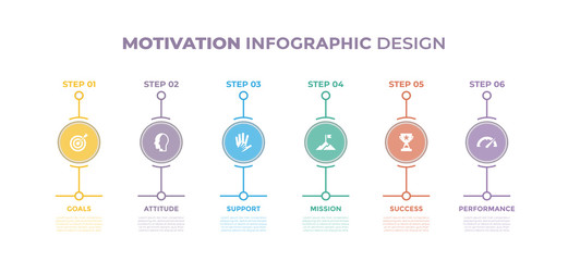Modern design elements for Motivation concept Multicolor infographics.Timeline with 6 steps, options, Circles. Vector template