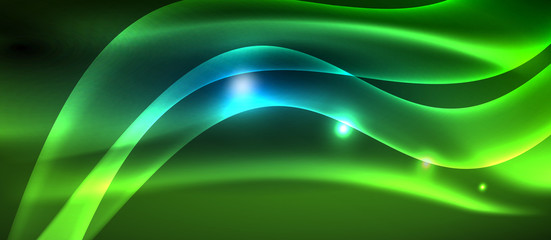 Glowing abstract wave on dark, shiny motion, magic space light. Techno abstract background