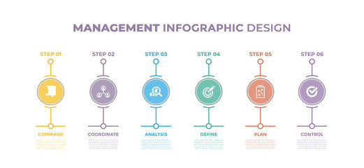 Modern design elements for Management concept Multicolor infographics.Timeline with 6 steps, options, Circles. Vector template