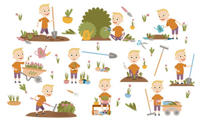 Set fashionable blond boy gardening plants, weed beds, watering seedlings, pruning bushes and trees, working in the garden. People and garden tools. Vector illustration