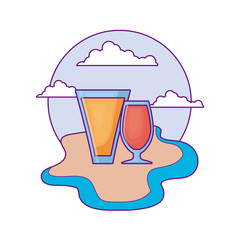 set of fresh and delicious juices glass in the beach