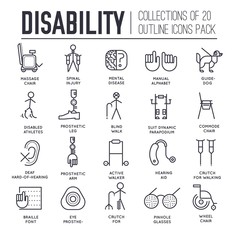 Set of equipment for disabled people thin line icons.