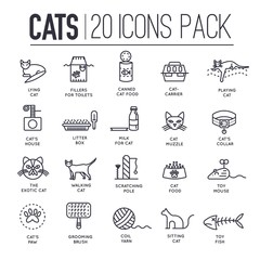 Set of thin line icons about playing, feeding of cats.