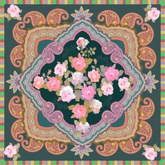 Luxury shawl with bouquet of gentle pink roses and paisley ornament in ottoman style. Indian, russian, persian motifs. Ethnic style.