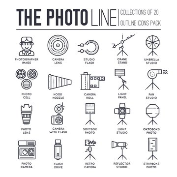 Set of taking photos thin line icons, pictograms.