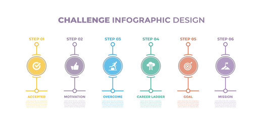 Modern design elements for Challenge concept Multicolor infographics.Timeline with 6 steps, options, Circles. Vector template