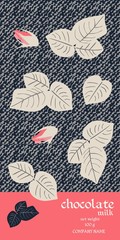 Chocolate Bar Package Design with leaves and buds of roses on dark stylized denim background. Beautiful collection.