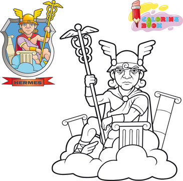 cartoon ancient greek god Hermes, coloring book, funny illustration