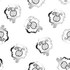 Seamless vector pattern with cute hand-drawn sheeps. Cartoon background