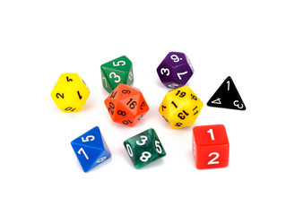 colorful multi sided role play game dice isolated white background