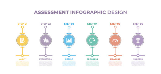 Modern design elements for Assessment concept Multicolor infographics.Timeline with 6 steps, options, Circles. Vector template