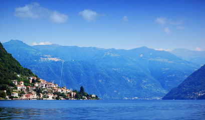 Sailing on Lake Como, panorama view. Lombardy, Italy 