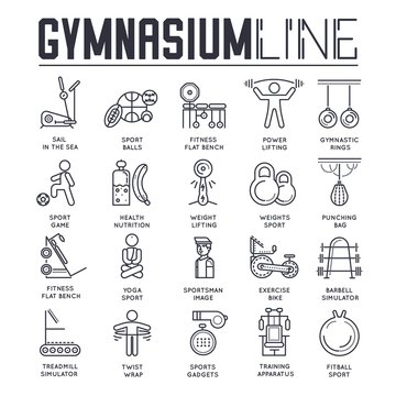 Set of gymnasium thin line icons, sport logos.
