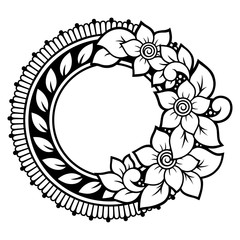 Circular pattern in form of mandala with flower for Henna, Mehndi, tattoo, decoration. Decorative ornament in ethnic oriental style. Outline doodle hand draw vector illustration.