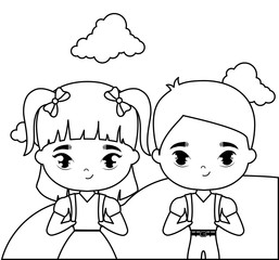 cute little students in landscape scene