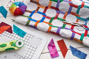 Fototapeta premium Quilting and sewing accessories, fragment and detailes of quilt
