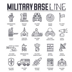 Set of military base thin line icons, pictograms.
