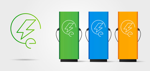 Electro power vehicle symbol and set of charging stations with this sign logo