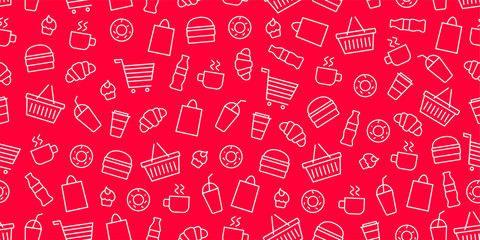 Vector supermarket shop fast food pattern. Food and goods seamless red background