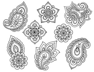 Set of Mehndi flower pattern for Henna drawing and tattoo. Decoration in ethnic oriental, Indian style. Doodle ornament. Outline hand draw vector illustration.