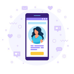 Social media profile. Smartphone with a woman avatar, text and button. Differents icons with likes and messages. Vector illustration in flat style