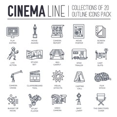 Set of cinema, film production thin line icons.