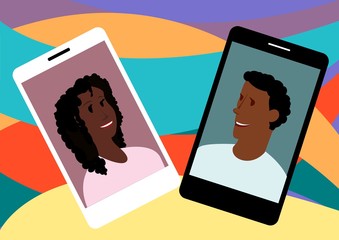 African man and African woman communicate.Friendship,love,family,work.Communication in social networks.Vector image.