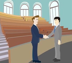 Two men of Asian and Europeans shake hands each other.Lecture hall of the University .Vector image.