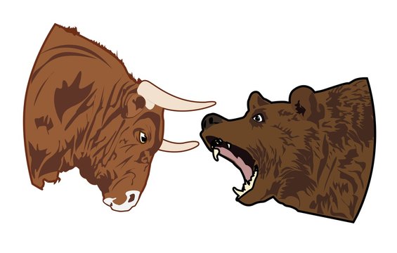  Bears and the bulls,a sign of logotip. Rates on increase and decrease.Financial exchange.Bull and bear isolated on white,flat design.Adapted for websites and mobile applications.Vector image.