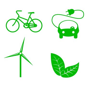Ecology bike,windmill,electric car,green leaves.Set of icons isolated on white.Clean planet,green ball.Flat design,sign,logo for web sites and mobile applications.Vector image.