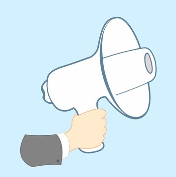 Megaphone,loudspeaker.Hand holding a megaphone.Icon isolated on blue,flat design.Adapted for websites and mobile applications.Vector image.