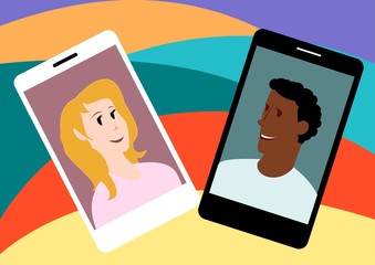 African man and European woman communicate.Friendship,love,family,work.Communication in social networks.Vector image.