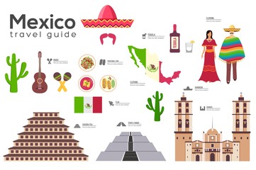 Fototapeta na wymiar Mexico travel guide template. Set of mexicana landmarks.