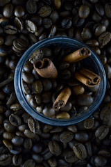 Aroma Cinnamon Sticks and Natural Rustic Coffee Beans Background