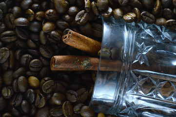 Aroma Cinnamon Sticks and Natural Rustic Coffee Beans Background