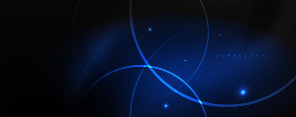 Dark abstract background with bright color neon lights and lines. Glowing background