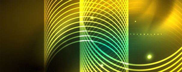 Shiny neon lines template - northern lights glowing blur lines. Futuristic style glow neon 80s disco club or night party techno template