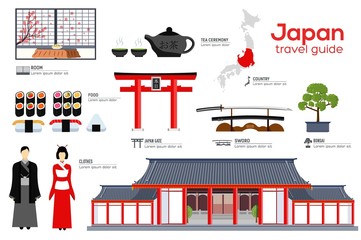 Japan travel guide template. Set of japanese landmarks.