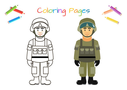 Man in military uniform. Soldier. Educational game for children. Copy the picture. Coloring book. Cartoon vector illustration