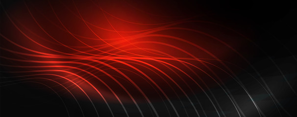 Dark abstract background with bright color neon lights and lines. Glowing background