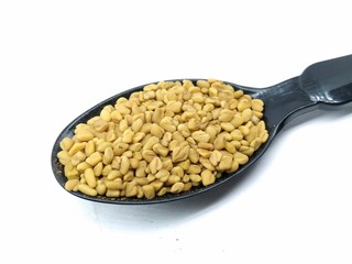 A picture of fenugreek on black spoon