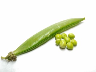A picture of green peas and pod isolated on white background