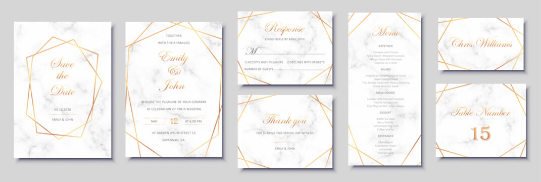 Elegant wedding invitations set with golden geometric frames and gray marble texture. Luxury invitation collection with save the date, rsvp, menu, table number and name card vector templates.