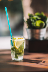 Water detox with lemon and mint on a dark wooden background.