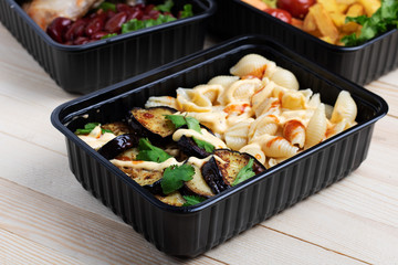 closeup of ready meal to eat in food container